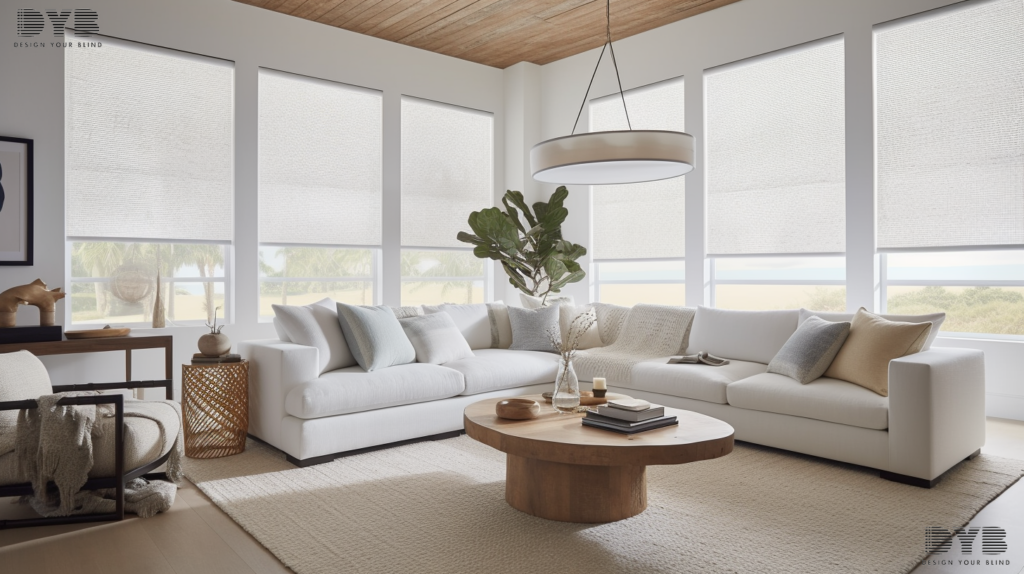 A Highland Beach living room with Cellular Shades, a plush white sectional sofa, a driftwood coffee table, and a potted palm tree.