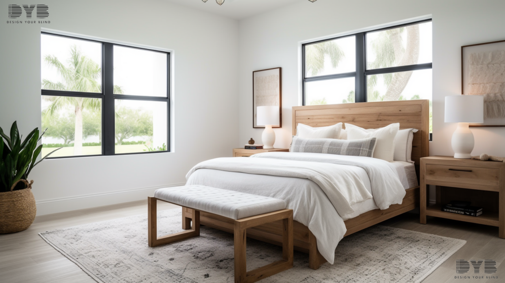 A farmhouse modern guest bedroom in West Palm Beach, FL, with Honeycomb Shades, a plush white upholstered bed with a white bed frame and a natural wood nightstand, decorated with natural textures, such as woven rugs and wood accents, creating a warm and inviting atmosphere