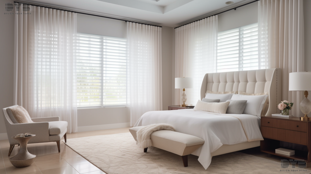 A bedroom with sheer curtains in Lighthouse Point, FL, overlooking a golf course. The furniture is from Williams Sonoma.