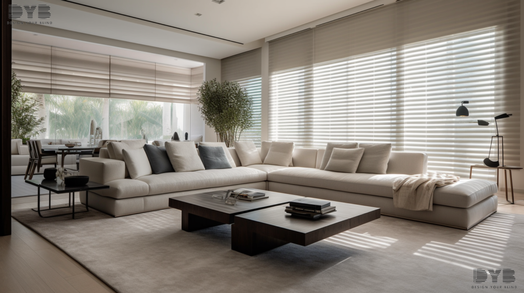 A spacious Family Room in Lighthouse Point, FL with Silhouette Shades overlooking a garden. The furniture is from Restoration Hardware.