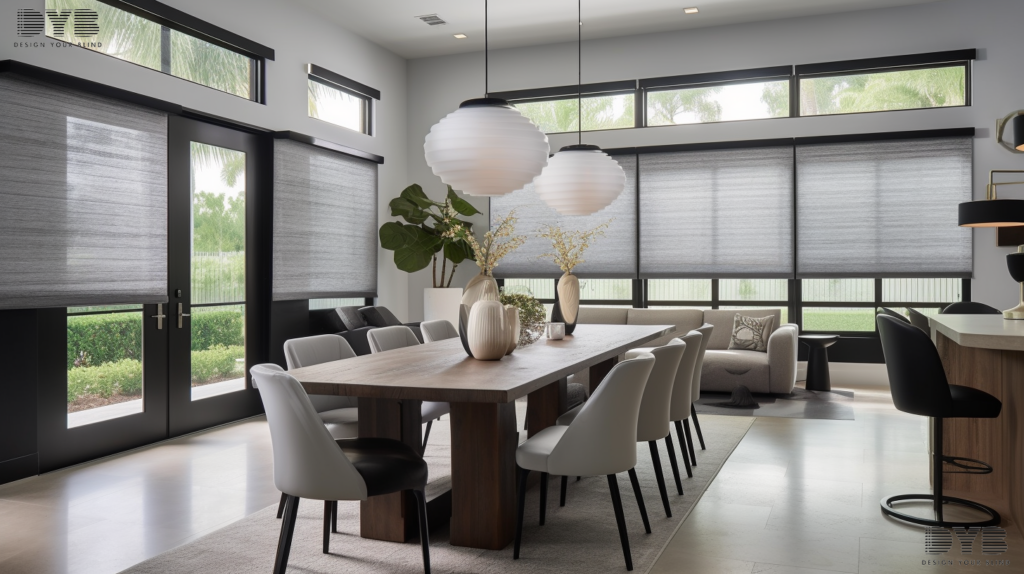 A dining room in Palm Beach Gardens, FL, with a minimalist design featuring Cellular Shades and Restoration Hardware furniture.