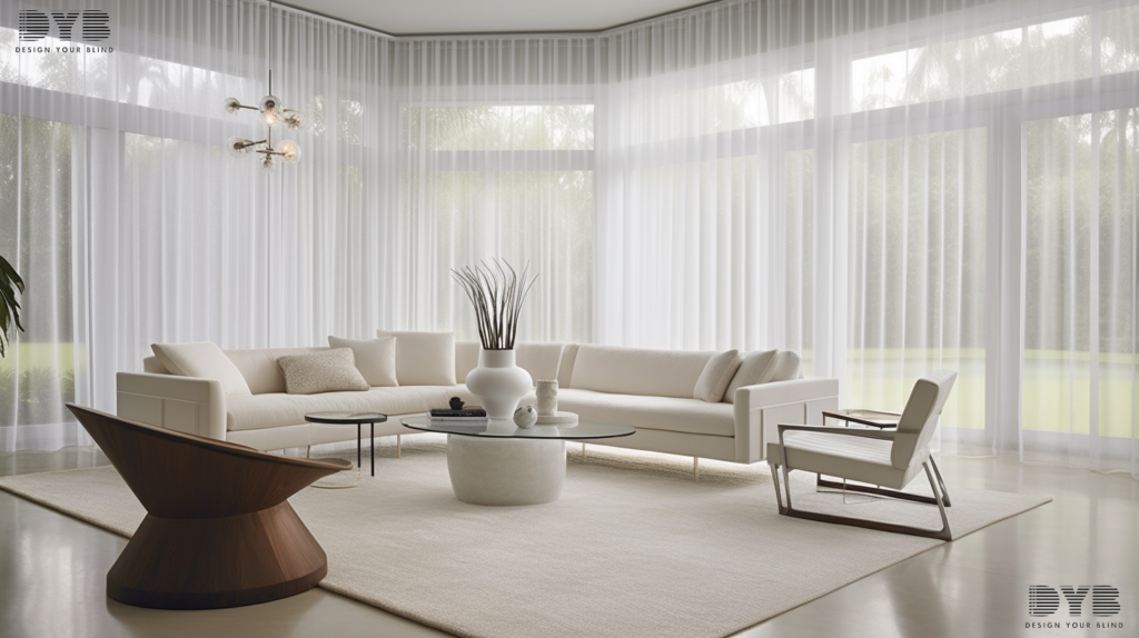 A modern living room in Palm Beach Gardens, FL, with Sheer Curtains, a plush sofa, a sleek coffee table, and a garden view.