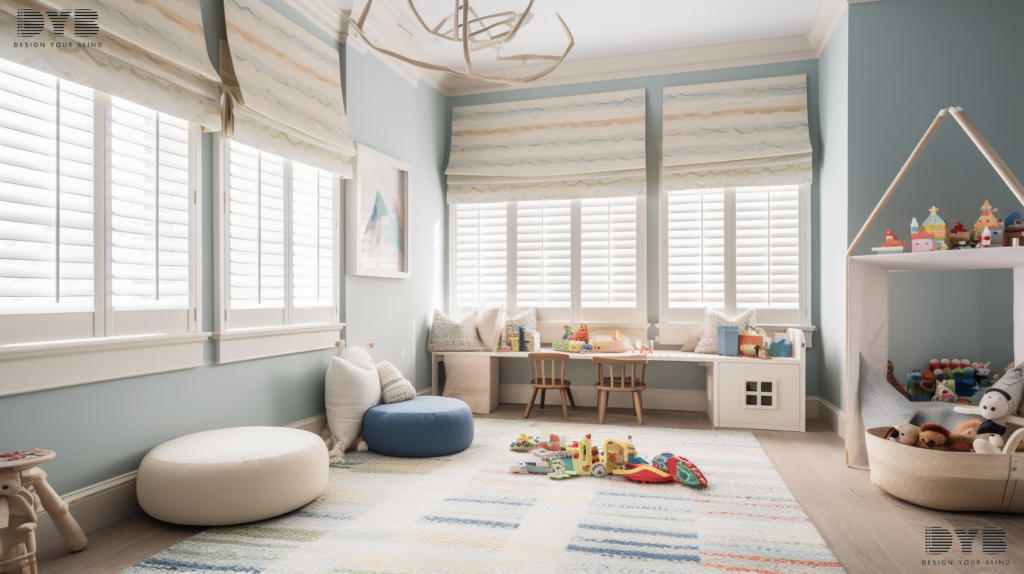 A Palm Beach Gardens playroom with Arhaus furniture and Cellular Shades, creating a bright and airy space.