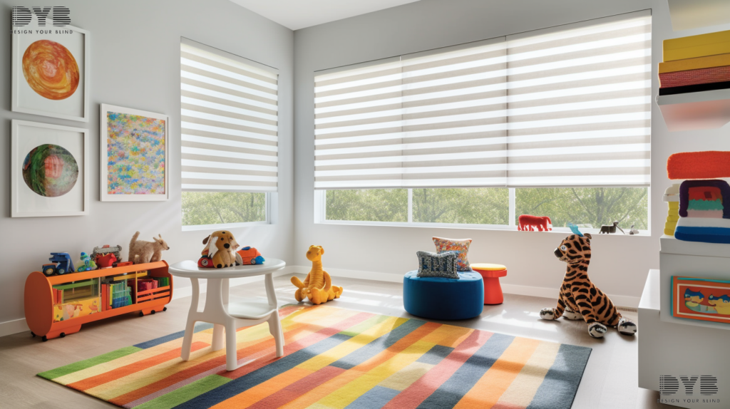 A modern playroom in Palm Beach Gardens, FL, with Zebra Shades, a colorful rug, a beanbag chair, and a backyard view.