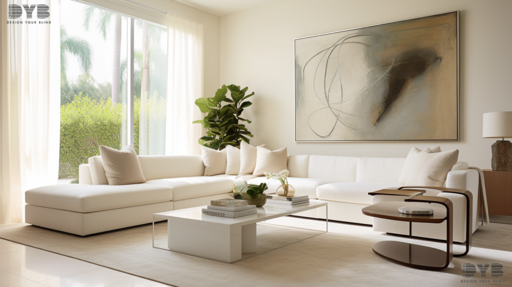A Family Room in West Palm Beach, FL, designed in a minimalist style. The furniture, from Bernhardt, features a sleek, white sectional sofa, a contemporary coffee table, and a large, abstract painting on the wall. The room is decorated with neutral tones and clean lines, creating a sense of calm and sophistication. Sunlight streams through the large windows, which offer views of a backyard with a swimming pool. The windows are adorned with Pirouette Shades, partially closed