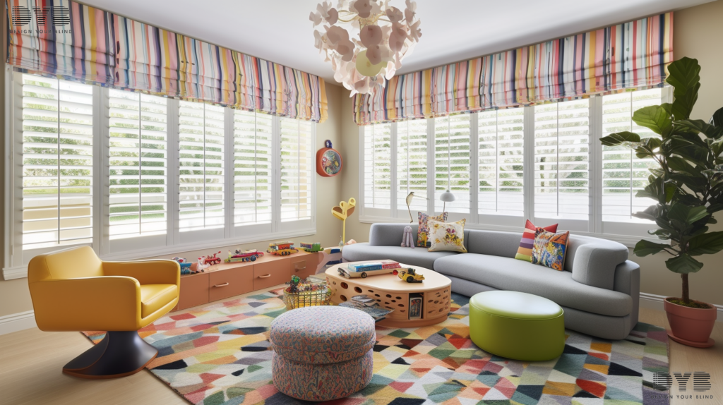 A playroom with Roller Shades in Lighthouse Point, FL, featuring a comfortable sectional sofa and a playful beanbag chair. The windows overlook the Intercoastal Waterway.