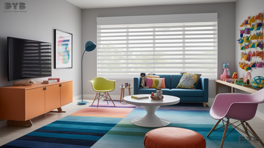 A Playroom in Boca Raton, FL, styled with an Urban Modern aesthetic, featuring sleek furniture and a playful color palette. The room features a large window with a fully closed, blackout Roller Shade, creating a dark and private space for movie nights or quiet time. The shade is the focal point of the image, showcasing its sleek design and rich texture.