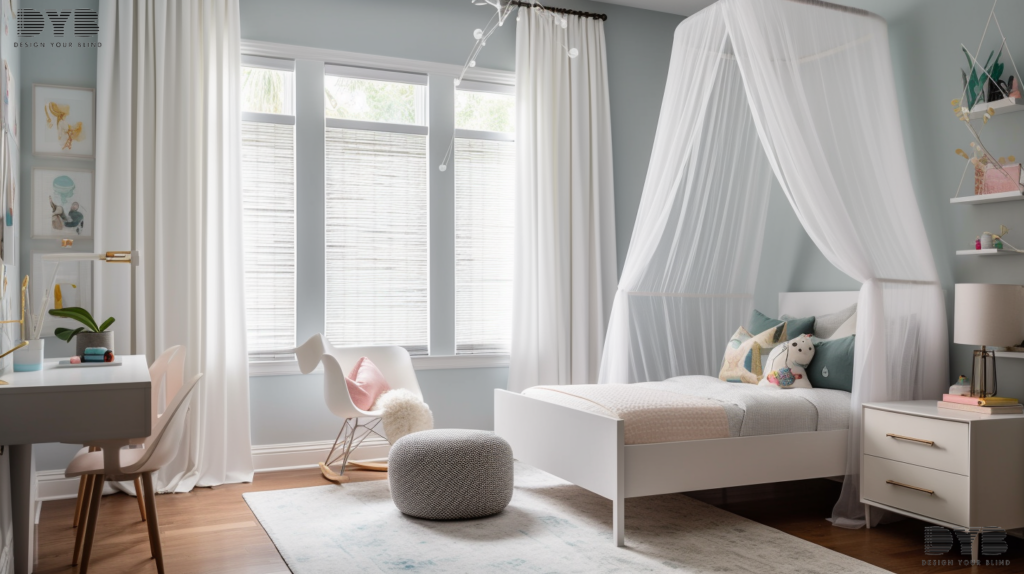 A cozy kids' bedroom in Lighthouse Point, FL with sheer curtains overlooking a garden. The furniture is from Williams Sonoma.