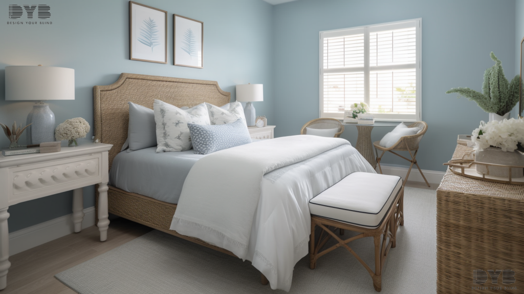A Guest Bedroom in West Palm Beach, FL, featuring Sheer Curtains, a white wicker bed frame, a plush white bench at the foot of the bed, a white wicker nightstand and a large white wicker chair, with soft blue tones and light wood accents, creating a serene and calming atmosphere