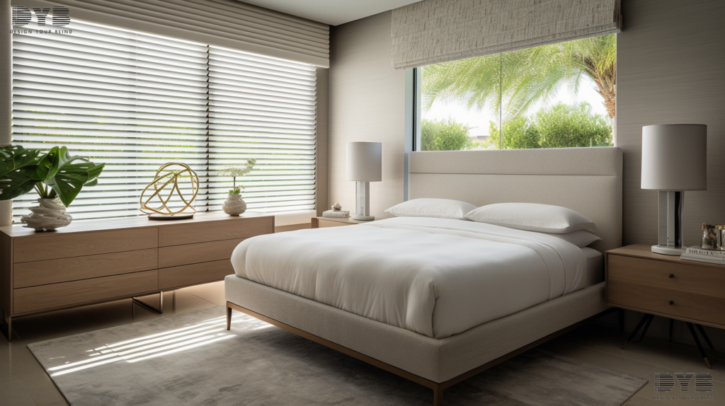 A stylish Guest Bedroom in Lighthouse Point, FL with Pirouette Shades overlooking a lake. The furniture is from Williams Sonoma.