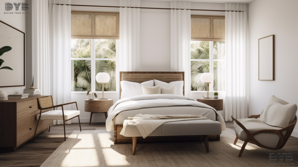 A Bedroom in West Palm Beach, FL, showcasing a farmhouse modern design style. The furniture is from Crate & Barrel and includes a plush white upholstered bed with a white bed frame, a natural wood nightstand and a vintage-style reading chair. The room is decorated with natural textures and warm colors, creating a cozy and inviting atmosphere. The windows are adorned with Cellular Shades, creating a warm and inviting atmosphere