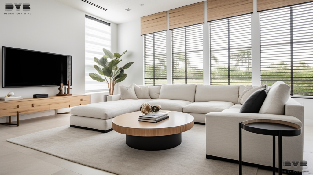 A minimalist living room in West Palm Beach, FL, with Solar Roller Shades, a plush, white sectional sofa, a sleek, black coffee table and a natural wood media console, decorated with neutral tones and clean lines, creating a sense of calm and sophistication