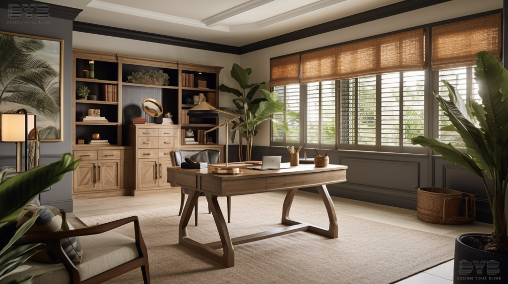 Coastal home office in Boca Raton, FL, with Woven Wood Shades, featuring a large desk, a leather chair, and a bookshelf.