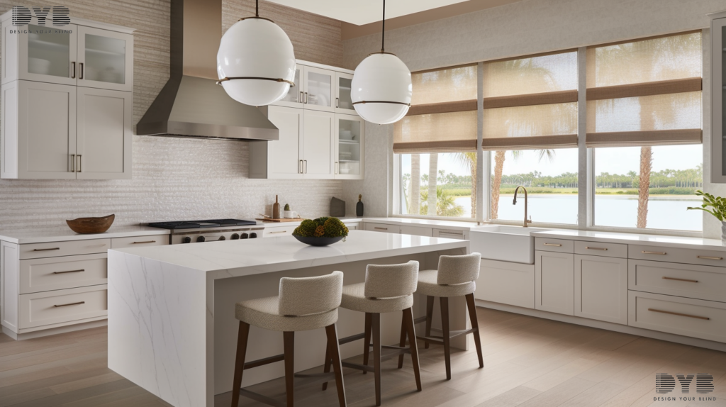Modern kitchen in Parkland, FL with Roller Shade overlooking the Intercoastal Waterway