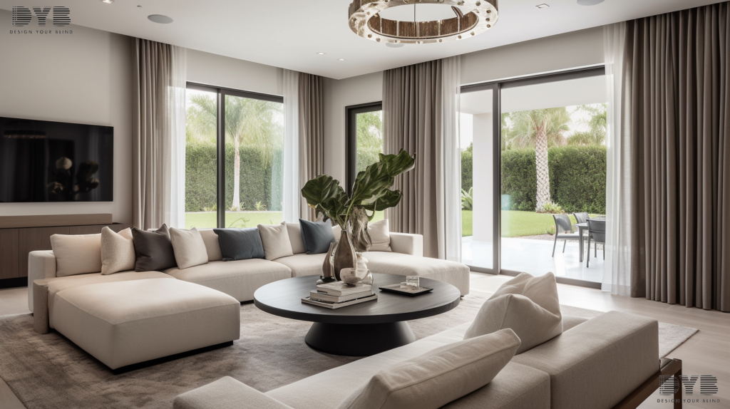 Family room in Parkland, FL with Blackout Curtains overlooking a pool