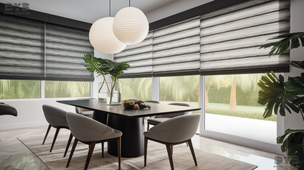 Roman Shades with Foliage fabric in a Boca Raton dining room with a pool view.