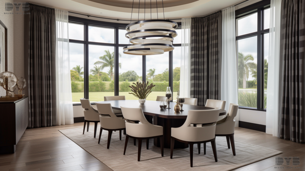 Transitional dining room in Boca Raton, FL, with Woven Wood Shades, featuring a large table with chairs, surrounded by large windows.