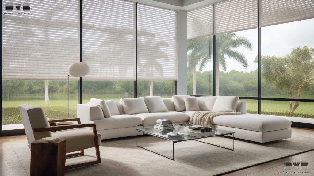 Modern living room in Boca Raton, FL, with Woven Wood Shades, featuring a white leather sectional sofa and a glass coffee table.