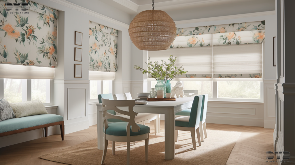 Roman Shades with Botanical fabric in a Boca Raton dining room with an Intercoastal Waterway view.