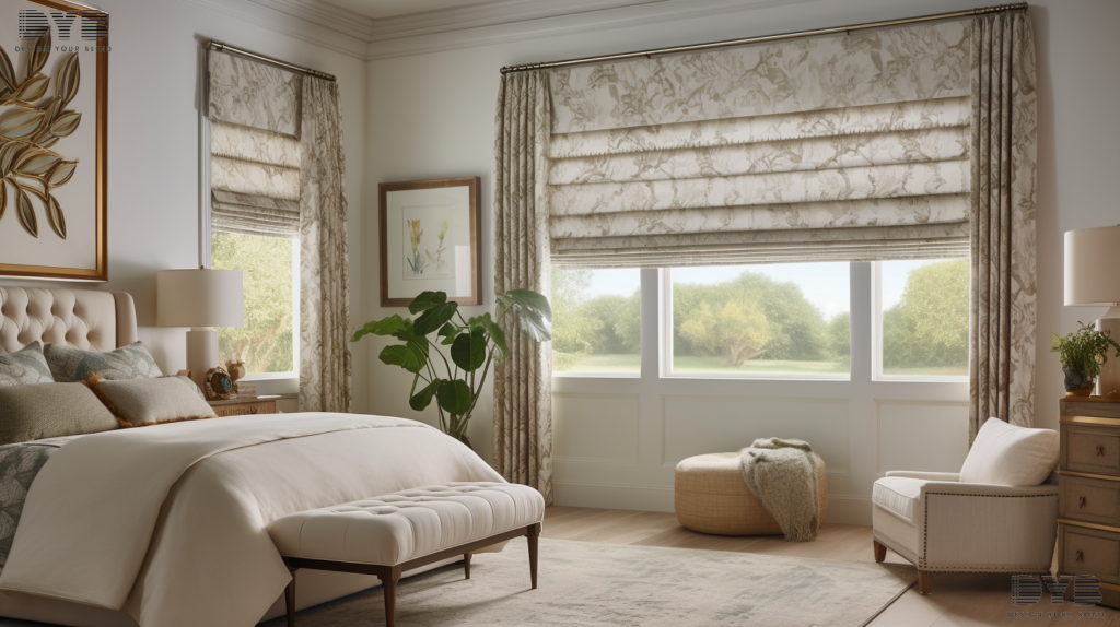 Roman Shades with Foliage fabric in a Boca Raton master bedroom with a garden view.