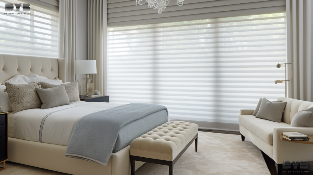 Roman Shades with Sheer fabric in a Boca Raton guest bedroom with an ocean view.