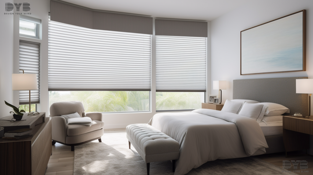 Honeycomb Shades in a Boca Raton bedroom, creating a peaceful retreat with a view