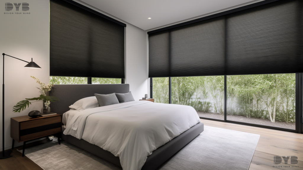 Bedroom in Parkland, FL with Honeycomb Shade overlooking a garden