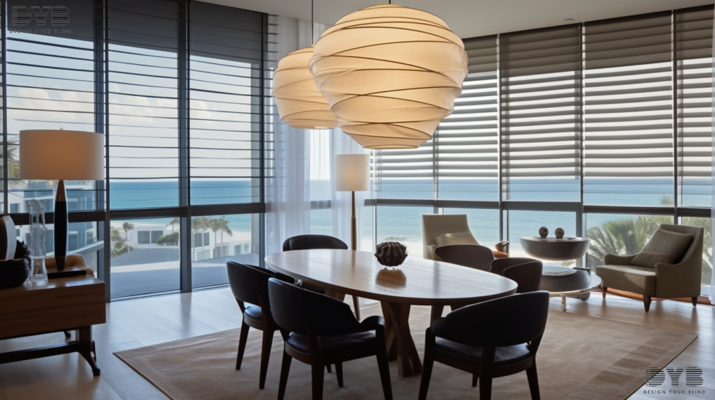 Roman Shades with Abstract fabric in a Boca Raton dining room with an ocean view.