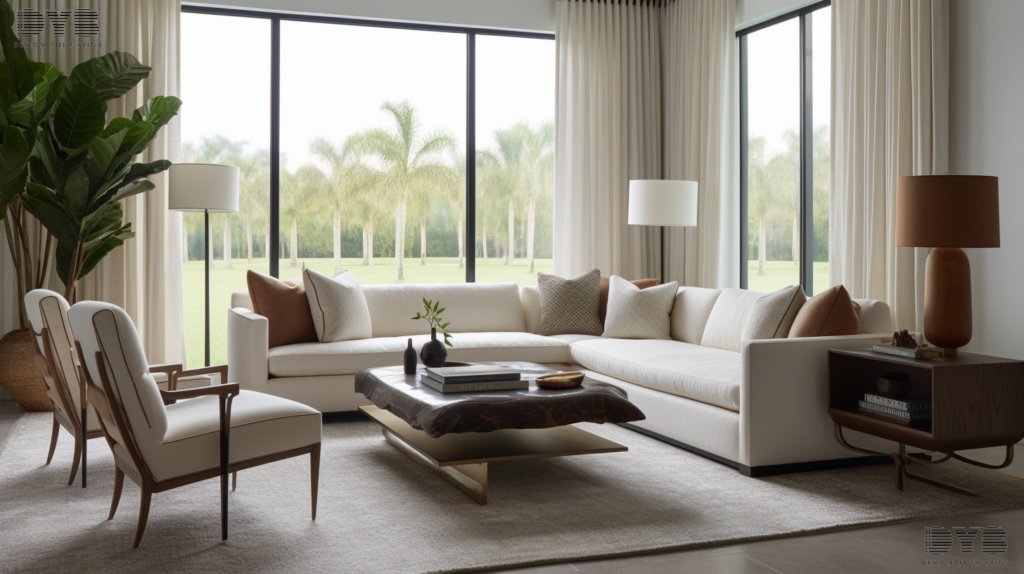 Formal living room in Parkland, FL with Roman Shades with contemporary fabric overlooking a lake