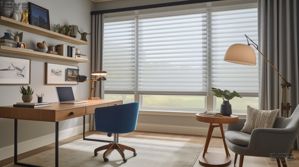 Parkland, FL home office with Woven Wood Shades overlooking a golf course