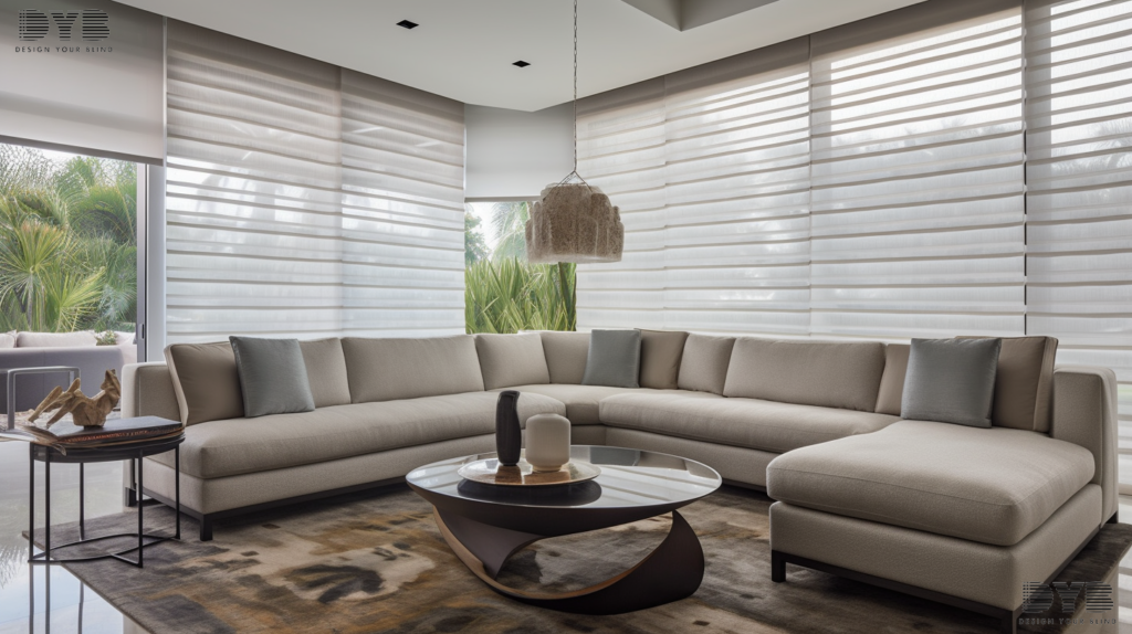 Roman Shades with Abstract fabric in Boca Raton, Florida, with contemporary furniture from Crate & Barrel.