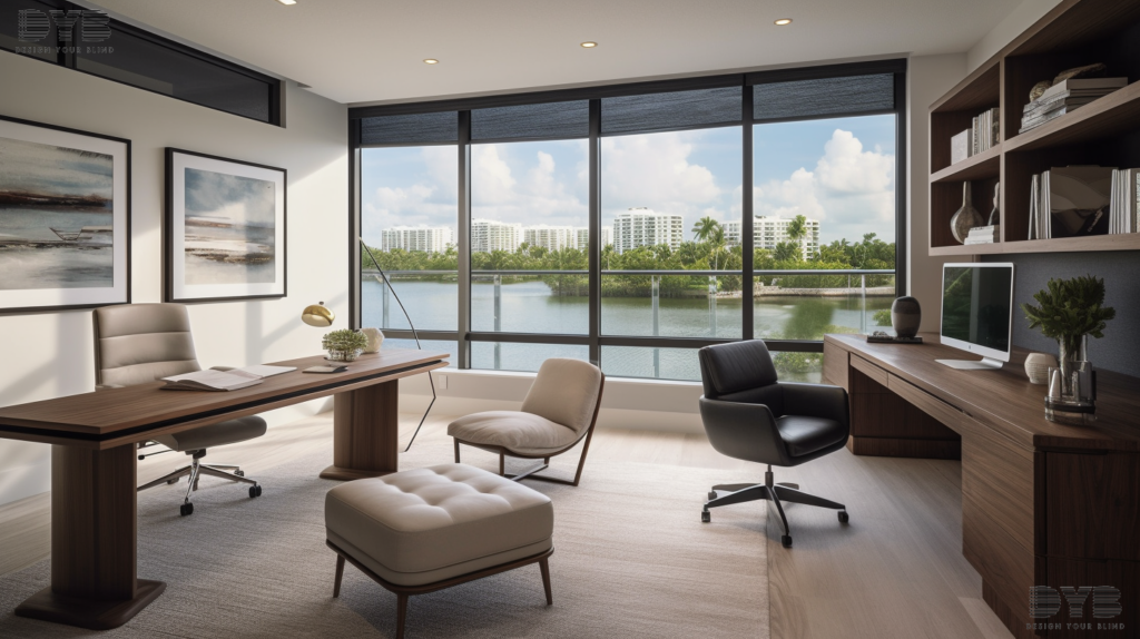 A home office in Boca Raton, FL, with blackout curtains, showcasing a modern interior design style with furniture from Crate & Barrel and a view of the intercoastal waterway.