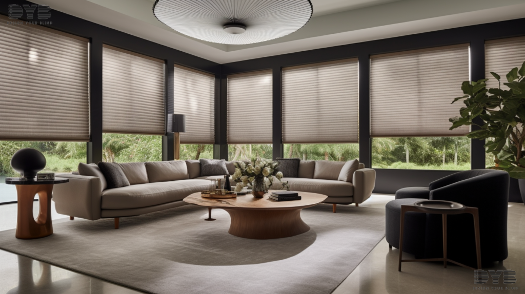 A formal living room in Boca Raton, FL, with a large window showcasing a set of Solar Shades, fully closed, creating a dark and peaceful atmosphere perfect for a good night's sleep. The room is decorated in a minimalist style with furniture from Bernhardt, including a luxurious leather sofa and a plush armchair.
