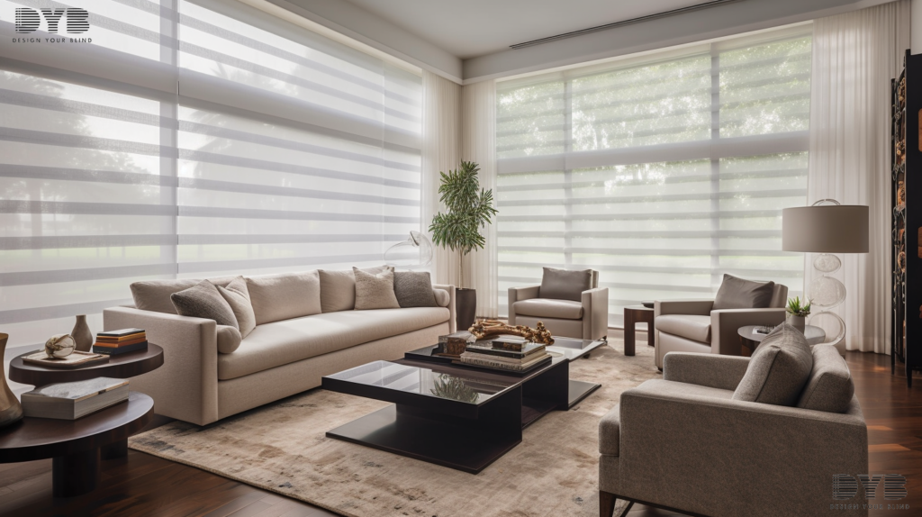 A spacious formal living room in Boca Raton, FL, with a large window showcasing a set of Solar Shades, partially closed, allowing for a gentle stream of sunlight to filter through, creating a calming and peaceful atmosphere. The room is decorated in a coastal style, with furniture from Restoration Hardware (RH), including a luxurious sofa and a plush armchair.