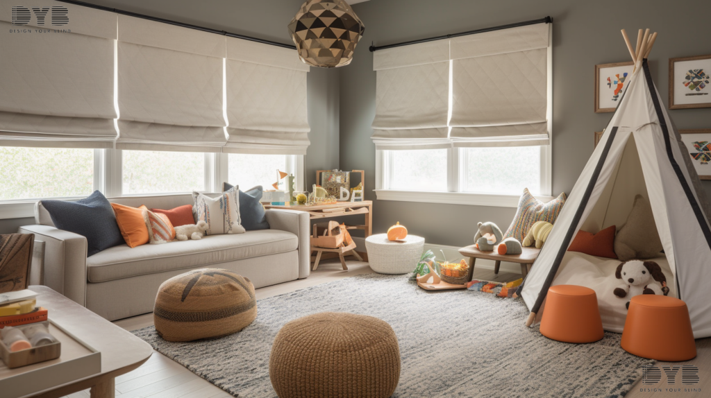 Roman Shades with Texture fabric in Boca Raton, Florida, with rustic furniture from Arhaus.