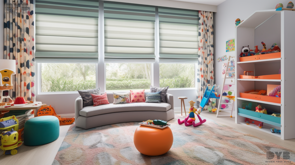 Roman Shades with Abstract fabric in Boca Raton, Florida, with sleek furniture from Ethan Allen.