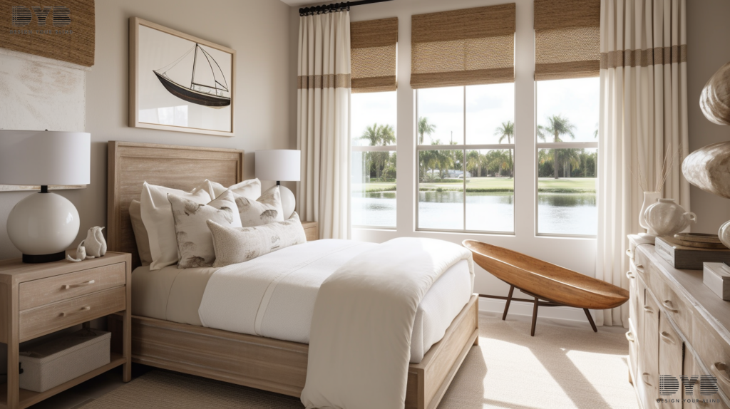 A guest bedroom in Boynton Beach, FL, with woven wood shades, showcasing a coastal style with Restoration Hardware (RH) furniture and a view of the canals.