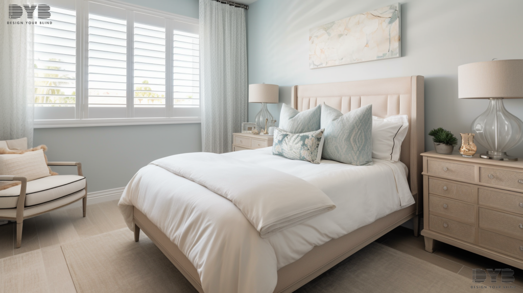 A guest bedroom in Boca Raton, FL, with a large window showcasing a set of Solar Shades, partially closed, allowing for a soft, diffused light to filter through, creating a calming and peaceful atmosphere. The room is decorated in a coastal style, with furniture from Mitchell Gold + Bob Williams, including a king-sized bed with plush bedding and a cozy seating area.