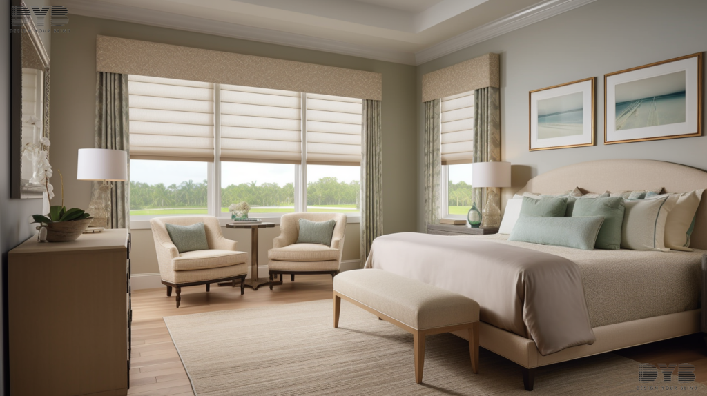 A guest bedroom in Delray Beach, FL, showcasing a set of fully closed motorized Roller Shades, casting soft shadows on the floor.