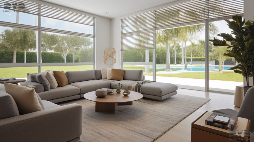 A living room in Delray Beach, FL, featuring a set of fully closed motorized Roller Shades with a view of the backyard.