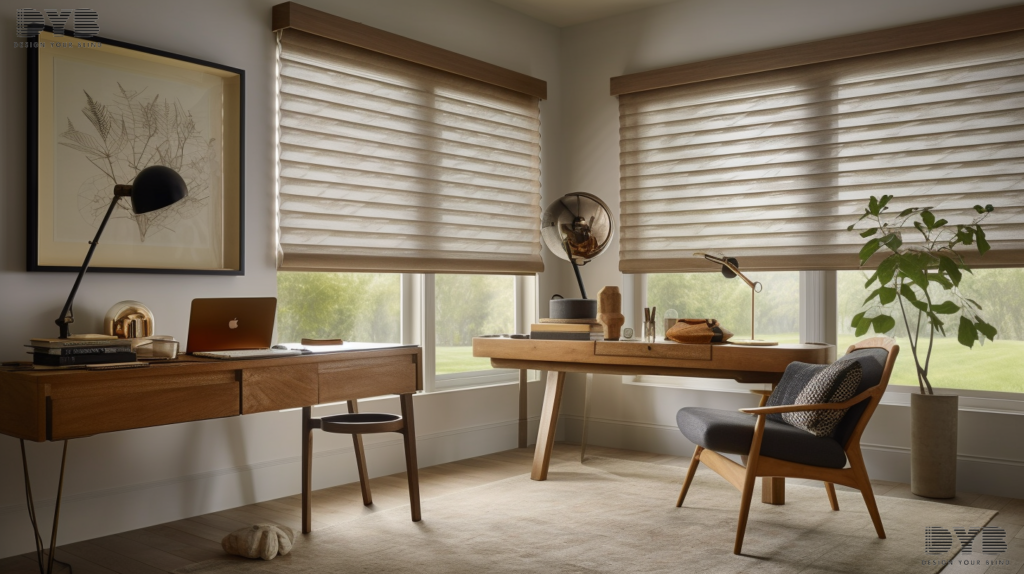 A home office in Delray Beach, FL, with Pirouette Shades, showcasing a farmhouse modern interior design with furniture from Crate & Barrel and a view of a lake.