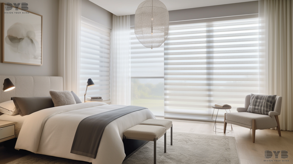 Designer Banded Shades in a minimalist bedroom in Highland Beach, FL