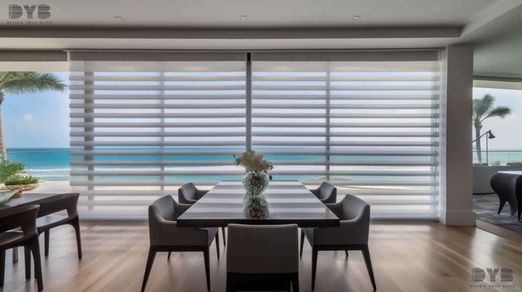 Designer Banded Shades in a modern dining room with an ocean view in Highland Beach, FL