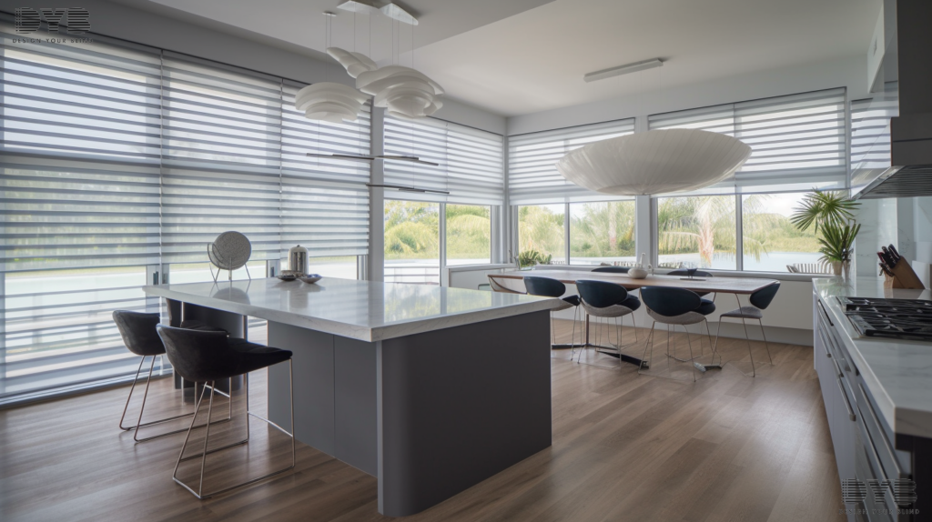 A kitchen in Delray Beach, FL, featuring a set of partially closed motorized Roller Shades with a view of the Intercoastal Waterway.