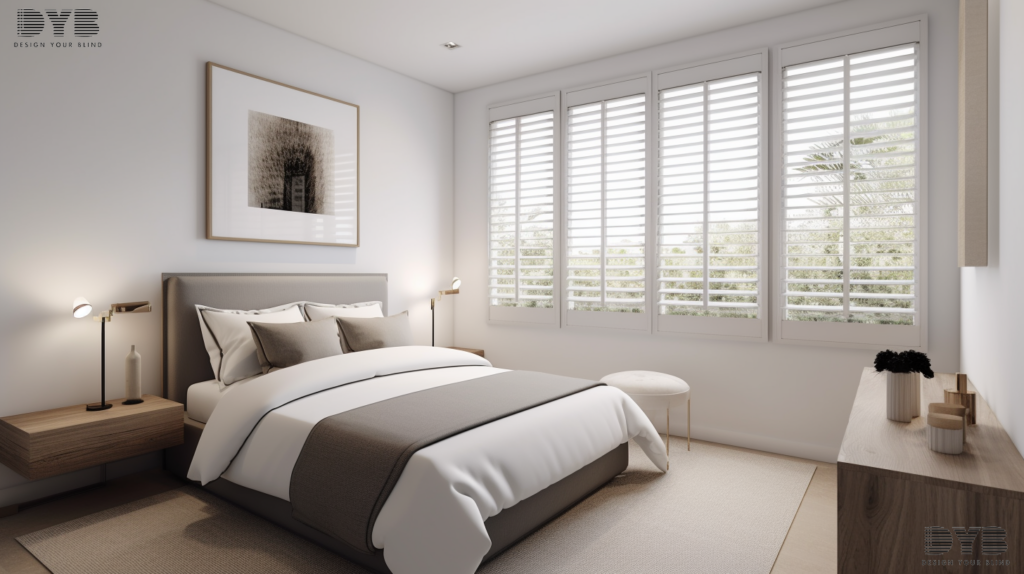 A minimalist bedroom in Lighthouse Point, Florida, featuring Hunter Douglas Plantation Shutters, a comfortable bed, a sleek nightstand, and a modern lamp.