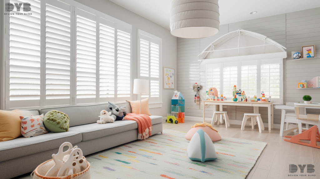 A playroom in Lighthouse Point, Florida, with Hunter Douglas Plantation Shutters, featuring a large rug, soft toys, and a comfortable seating area, and a stunning ocean view.