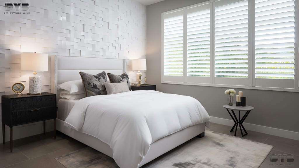 A guest bedroom in Lighthouse Point, Florida, with Hunter Douglas Plantation Shutters, featuring a plush bed, a sleek nightstand, a modern lamp, and a serene Intercoastal Waterway view.