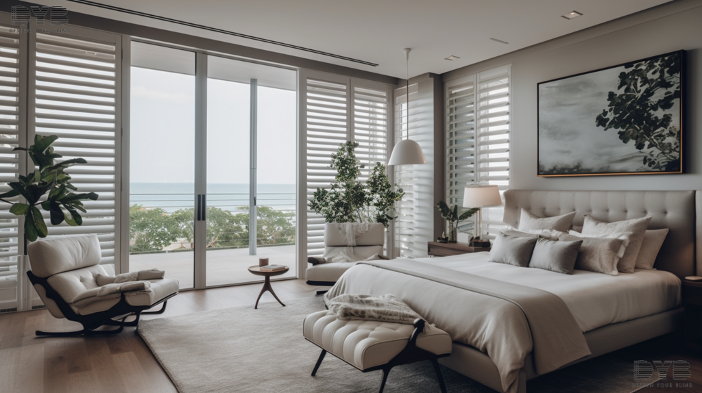 A master bedroom in Lighthouse Point, Florida, with Hunter Douglas Plantation Shutters, featuring an urban modern style, a plush bed, a comfortable armchair, and a stunning ocean view.