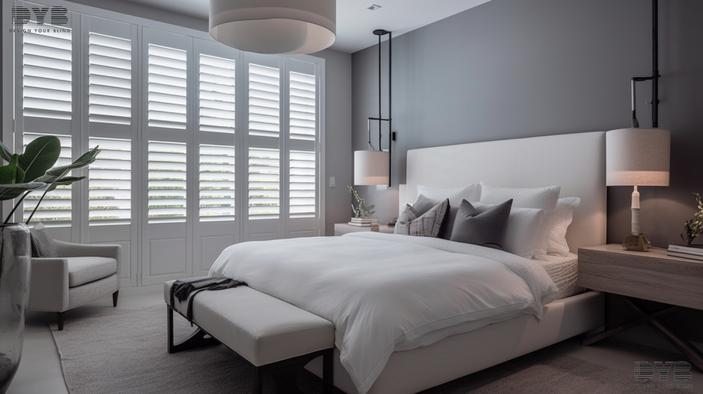 A bedroom in Lighthouse Point, Florida, with Hunter Douglas Plantation Shutters, featuring a plush bed, a sleek nightstand, a modern lamp, and a stunning ocean view.