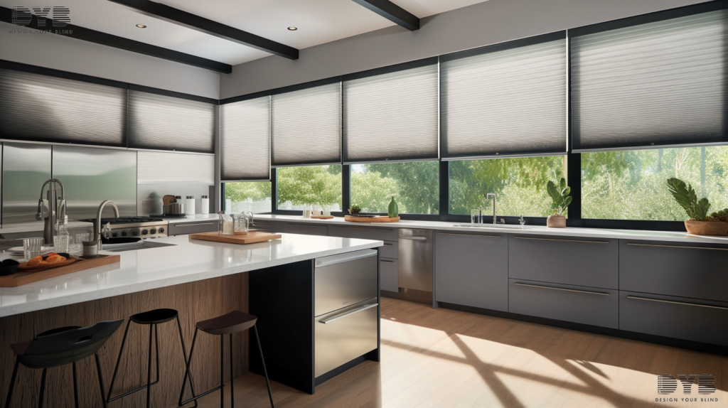 A kitchen in Lighthouse Point, FL, with Hunter Douglas Honeycomb Shades, showcasing a contemporary design style with furniture from Williams Sonoma and a view of the backyard.
